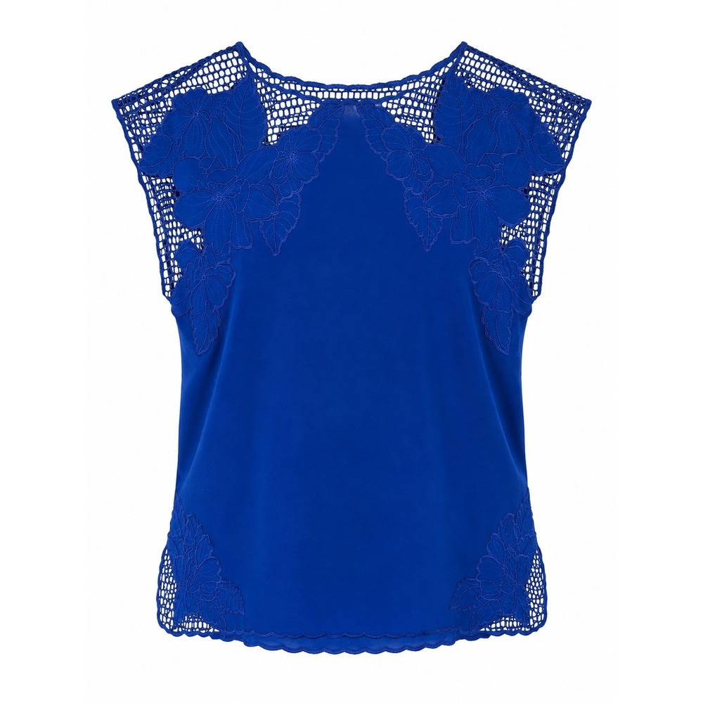 Cobalt Blue Floral Embroidered Cutwork Crochet Blouse Top XL Boho